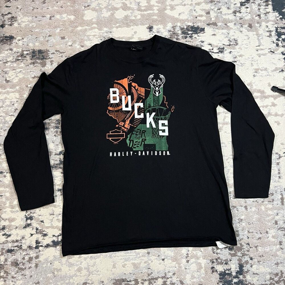 Harley Davidson Milwaukee Bucks Sz 2XL Long Sleeve T Shirt NBA Fear The Deer